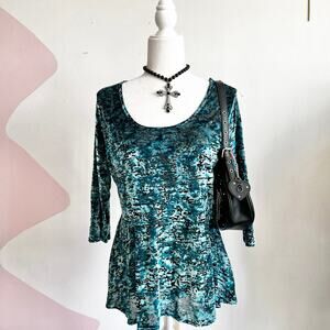 Blue Velvet Burnout Top, Vintage, Grunge, Soft Goth, 90s, Retro, XL, Academia
